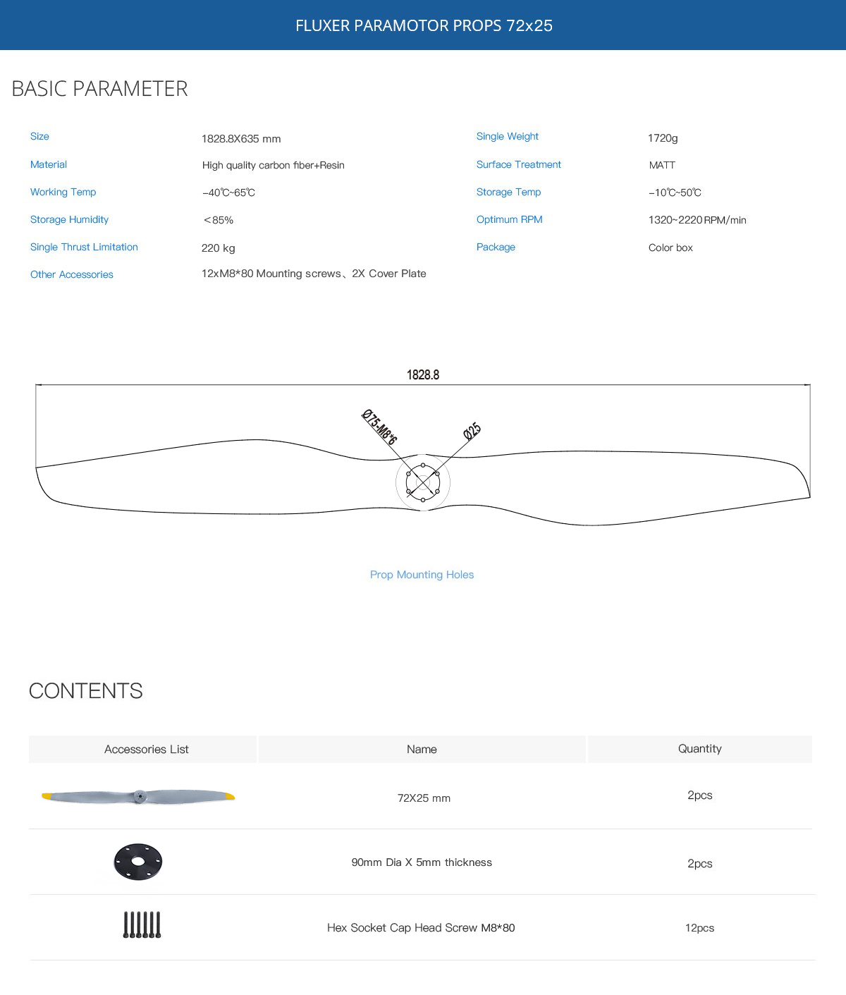FLUXER PRO  72x25 inch carbon fiber propeller for paramotor or manned aircraft heavey drone
