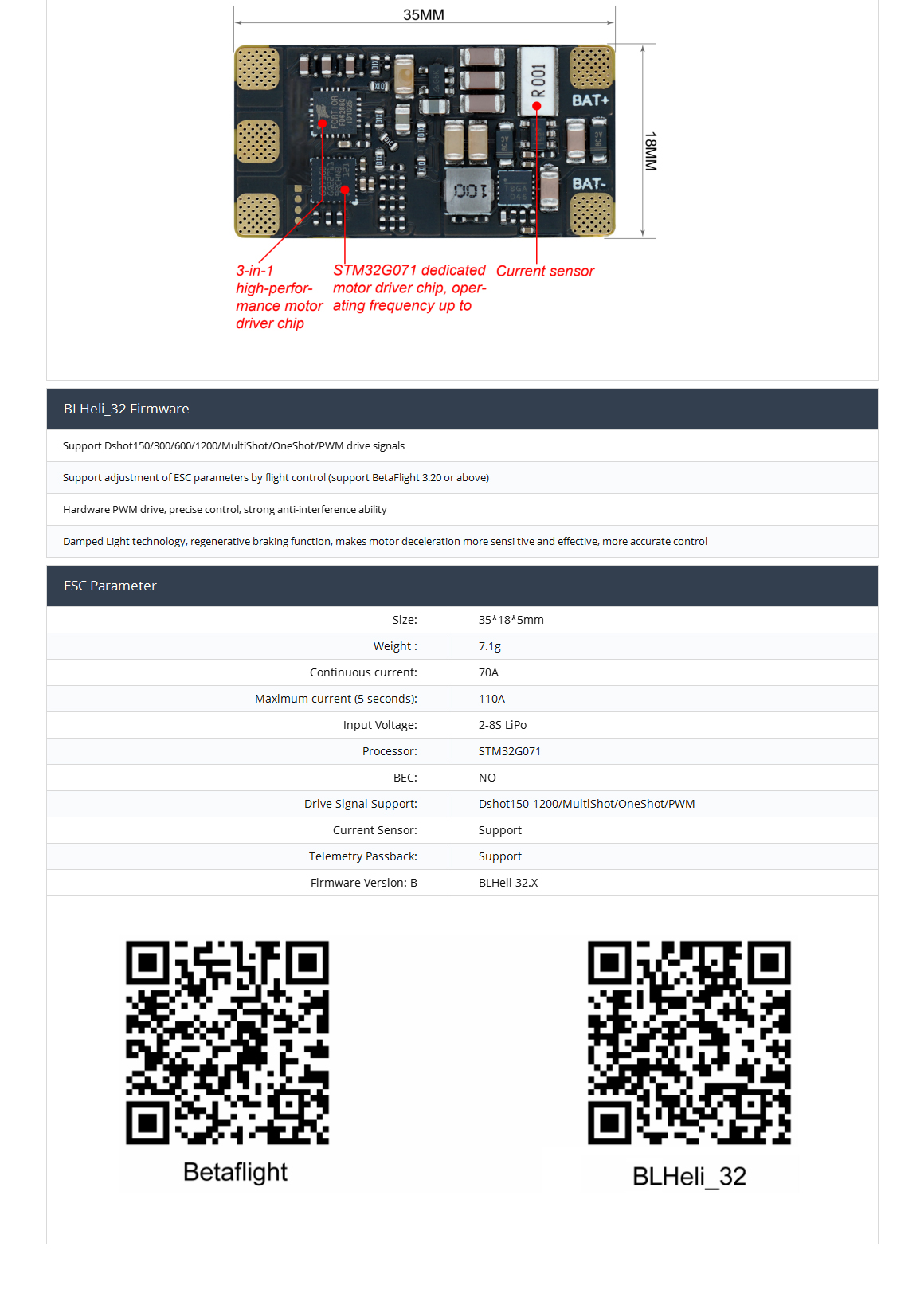 BLHeli_32 DSHOT 1200 70A 2-8S ESC support DShot150-1200/MultiShot/OneShot/PWM for brushless motor of FPV drones quadcopter octocopter multirotor BLHeli_32 DSHOT 1200 70A 2-8S ESC support DShot150-1200/MultiShot/OneShot/PWM for brushless motor of FPV drones quadcopter octocopter multirotor